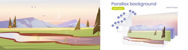 Parallax background paisaje de paisaje de dibujos animados temprano en la mañana con campos verdes y flujo de río a través de las vastas tierras, montañas, abetos capas separadas 2d para animación de juegos, ilustración vectorial