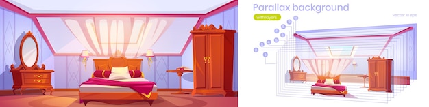 Parallax fondo ático dormitorio o habitación de invitados 2d interior con cama, armario, mesa, espejo y ventana capas separadas para la animación del juego. Acogedor apartamento de hotel tipo loft, buhardilla ilustración vectorial