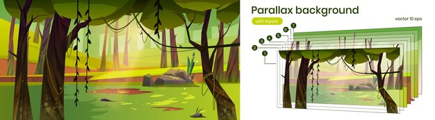 Parallax fondo dibujos animados bosque naturaleza paisaje 2d, madera de paisaje con árboles de hoja caduca, musgo y lianas, rocas, hierba, arbustos y capas separadas de luz solar para la vista de la escena del juego, ilustración vectorial