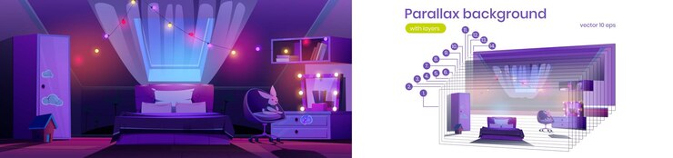 Vector gratuito parallax fondo noche gill dormitorio en ático 2d