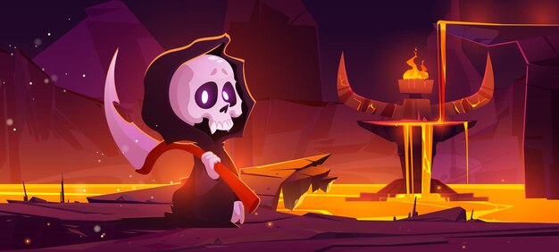 Parca con guadaña en el infierno Escena de Halloween