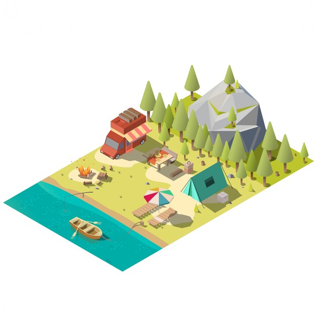 Parcela de camping en parque nacional isométrico.