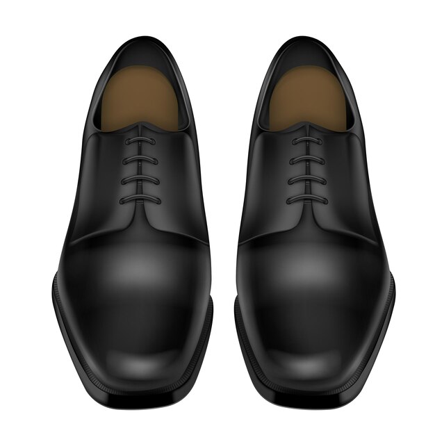 Pare realista de zapatos masculinos de cuero negro brillante aislados en la ilustración de vector de fondo blanco
