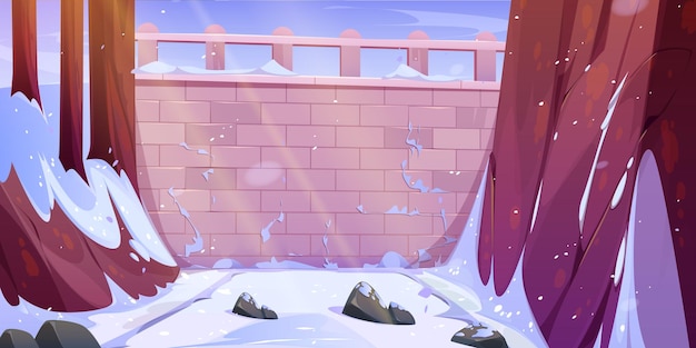 Vector gratuito pared de ladrillo en el fondo vectorial del bosque invernal jardín congelado con viaducto de piedra o puente con balaustrada papel tapiz natural ubicación del área de juego ambiental con valla de mampostería y haz de luz blanca como la nieve