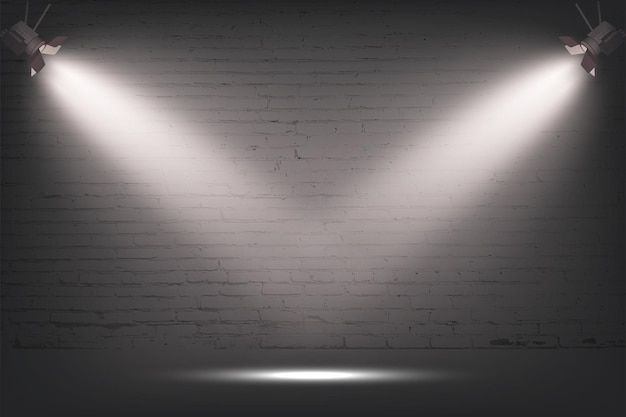 Pared de ladrillo gris con luz de fondo de piedra de foco de dos lámparas en textura de hormigón farola o escenario para exhibición en papel tapiz de exposición o museo