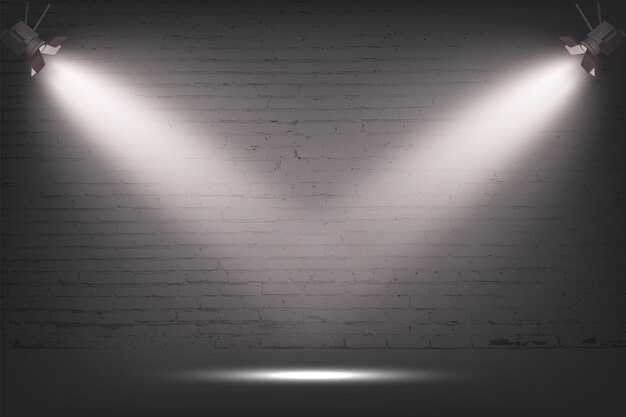 Pared de ladrillo gris con luz de fondo de piedra de foco de dos lámparas en textura de hormigón Farola o escenario para exhibición en papel tapiz de exposición o museo