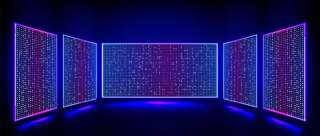Paredes de video LED pantallas de televisión con efecto de luz en el escenario Pantallas de paneles de video LCD con puntos de color azul y rosa Muestre la escena del estudio o estadio con monitores LED ilustración vectorial realista