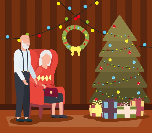 Pareja de abuelos en salón con decoración navideña