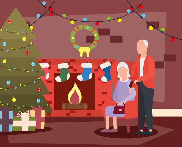 Pareja de abuelos en salón con decoración navideña