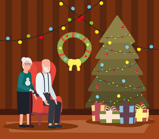 Pareja de abuelos en salón con decoración navideña