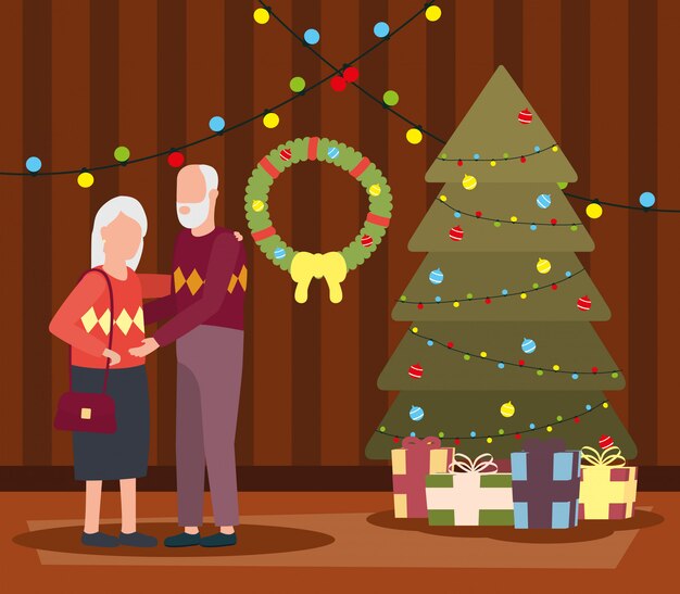 Pareja de abuelos en salón con decoración navideña