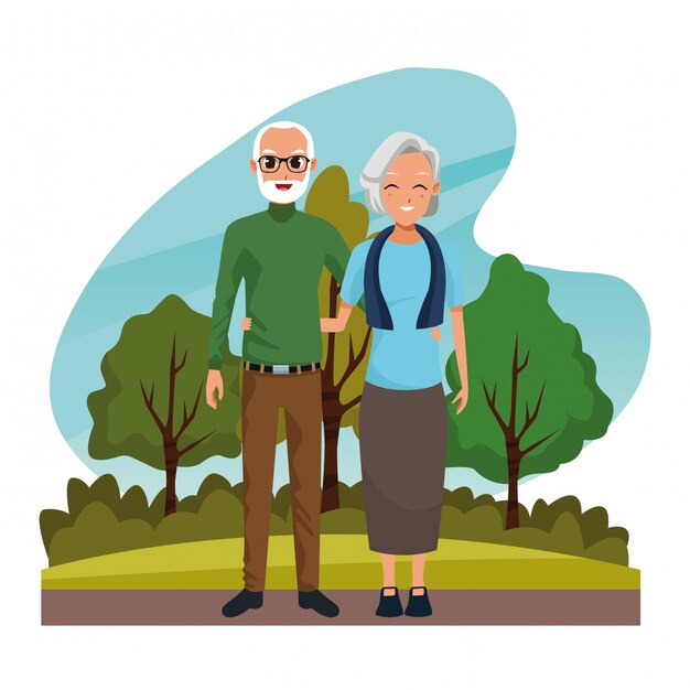 Pareja de abuelos sonriendo en dibujos animados de naturaleza