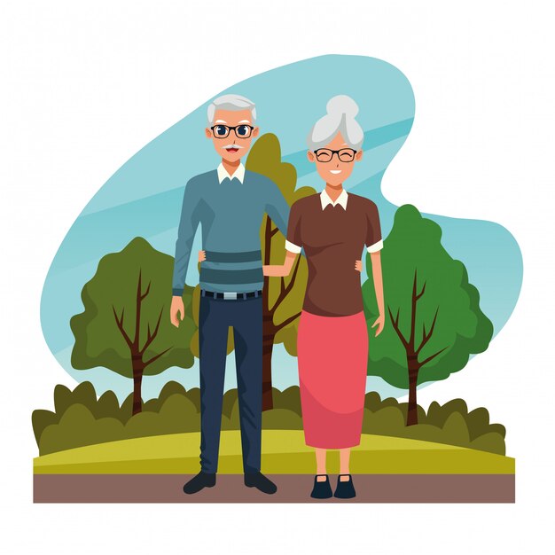 Pareja de abuelos sonriendo en dibujos animados de naturaleza