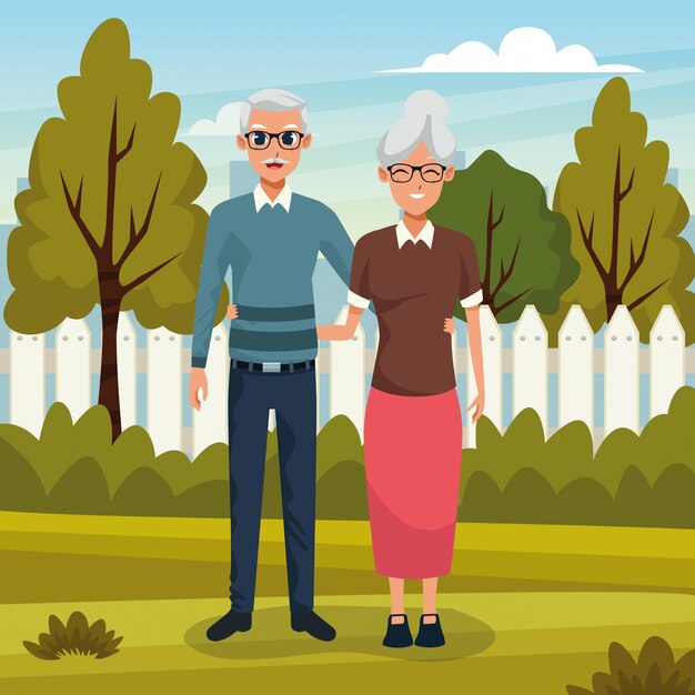 Pareja de abuelos sonriendo en dibujos animados de naturaleza
