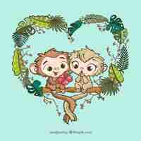 Vector gratuito pareja adorable de monos dibujados a mano