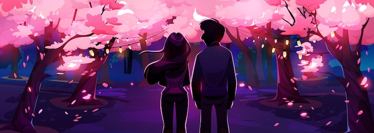 Vector gratuito pareja de amor cerca del jardín de cerezo sakura