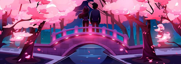 Vector gratuito pareja de amor en el puente en el parque nocturno con sakura