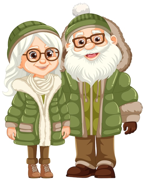 Pareja de ancianos con gafas y atuendo de invierno