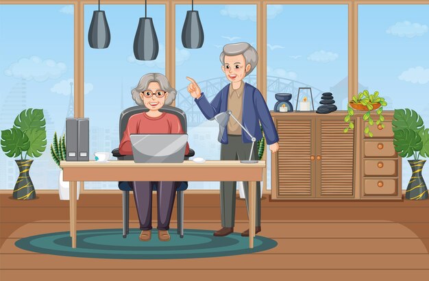 Una pareja de ancianos usando una computadora portátil en casa