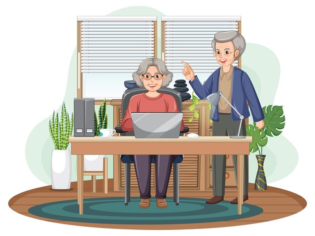Una pareja de ancianos usando una computadora portátil en casa