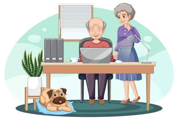 Una pareja de ancianos usando una computadora portátil en casa