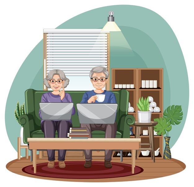 Una pareja de ancianos usando una computadora portátil