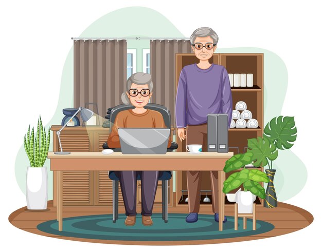 Una pareja de ancianos usando una computadora portátil
