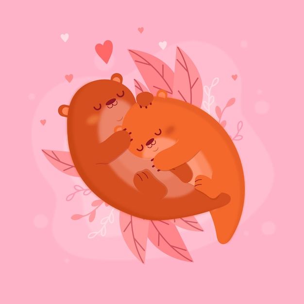 Vector gratuito pareja de animales plana nutrias día de san valentín