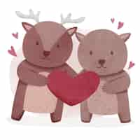 Vector gratuito pareja de animales de san valentín en acuarela