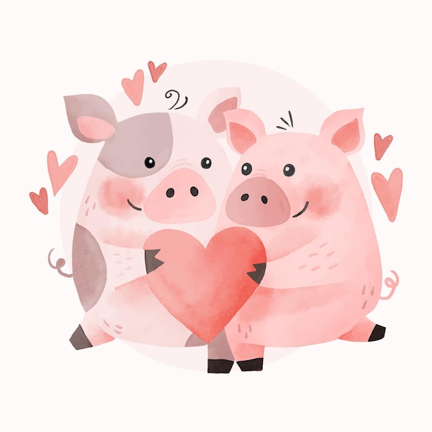 Vector gratuito pareja de animales de san valentín en acuarela