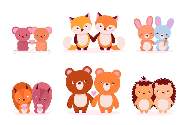 Vector gratuito pareja de animales de san valentín plana