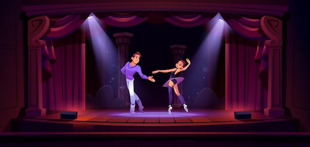 Pareja de bailarines de ballet bailan en el escenario del teatro