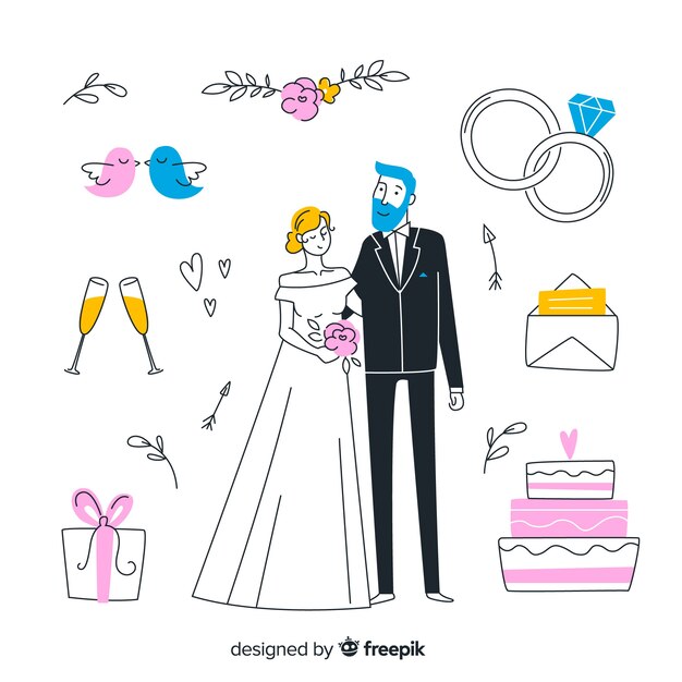 Pareja de boda dibujada a mano y elementos
