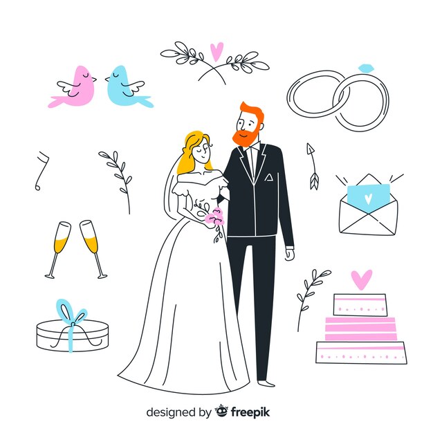 Pareja de boda dibujada a mano y elementos