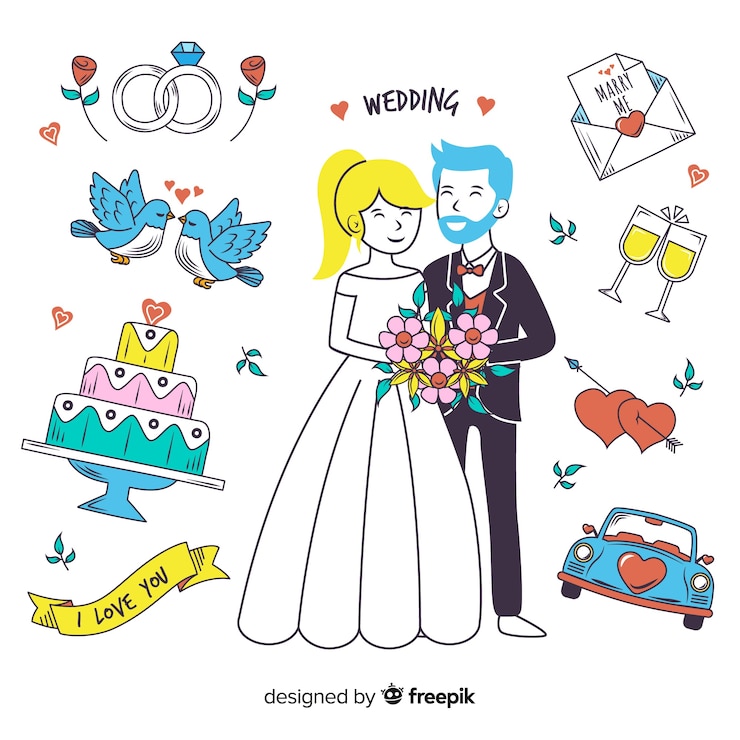 Vector gratuito pareja de boda dibujada a mano y elementos
