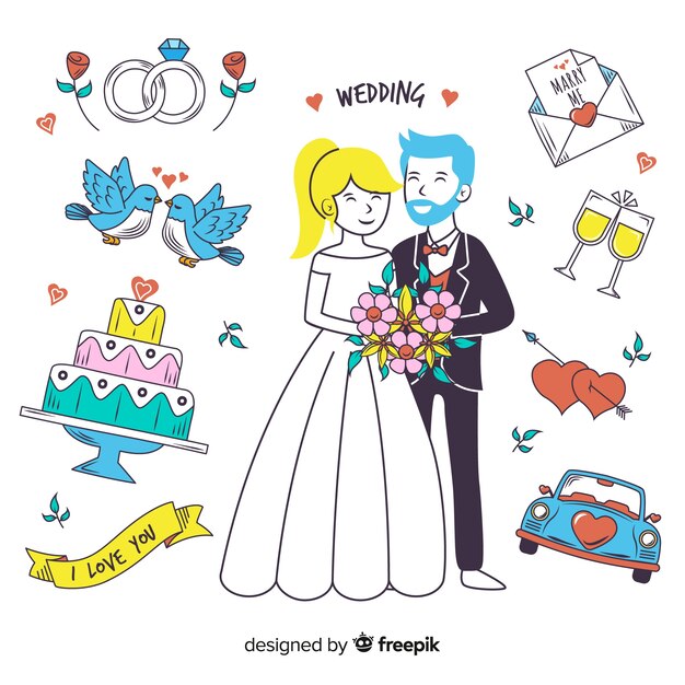Pareja de boda dibujada a mano y elementos
