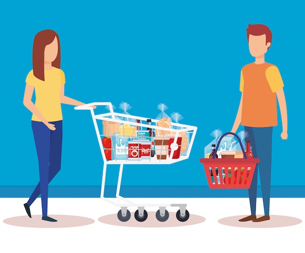 Vector gratuito pareja con carrito de compras y cesta