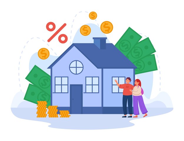 Pareja casada invirtiendo ahorros en un nuevo hogar. Personas que toman crédito en el banco, dinero para comprar una ilustración de vector plano de casa. Hipoteca, propiedad, concepto de propiedad para banner o página web de inicio