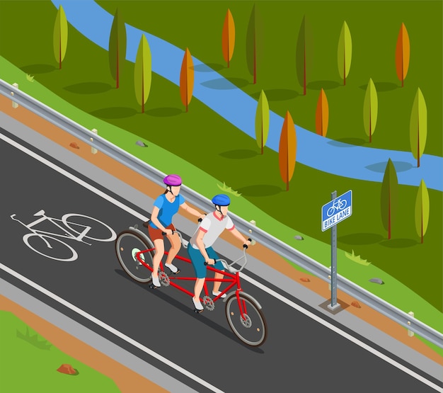 Vector gratuito pareja en cascos durante el viaje en bicicleta tándem en carril bici en composición isométrica de verano
