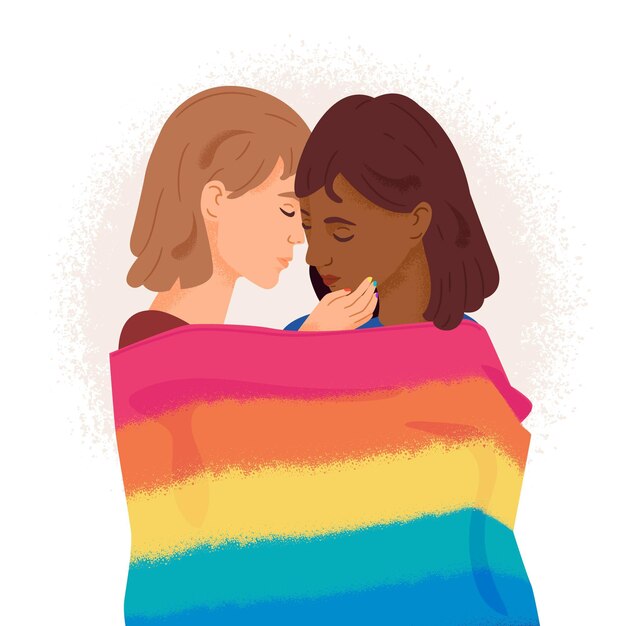 Pareja de chicas cubriéndose con una bandera del orgullo