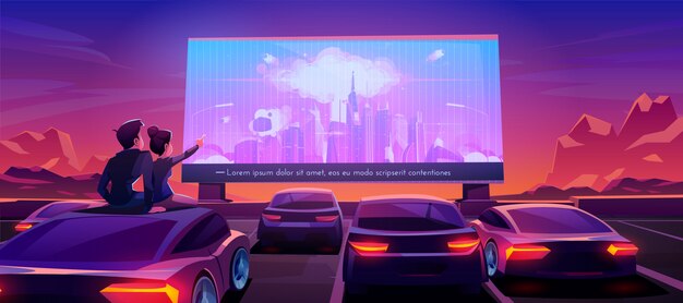 Pareja en el cine del coche, saliendo en el autocine