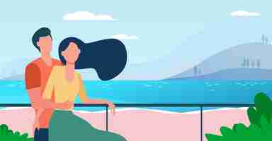 Vector gratuito pareja de citas disfrutando de las vacaciones por el mar. hombre y mujer abrazándose en la ilustración de vector plano de playa. turismo, ocio, concepto de verano.