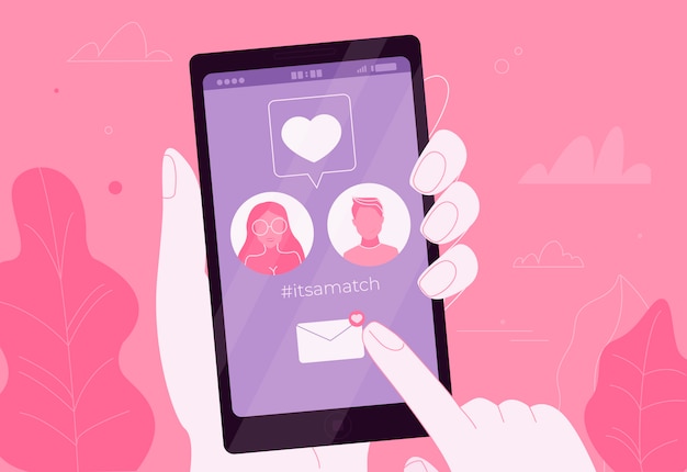 Pareja de citas en línea en el amor en la aplicación en el teléfono. Es un partido. Citas en línea.