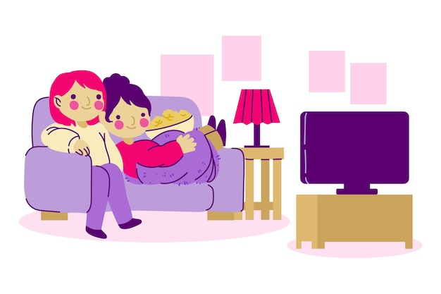 Pareja comiendo palomitas de maíz y viendo televisión