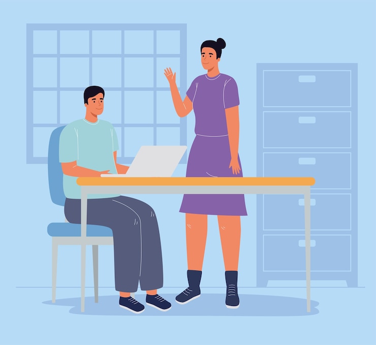Vector gratuito pareja de compañeros de trabajo usando laptop