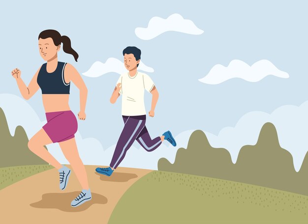 pareja corriendo en el campamento