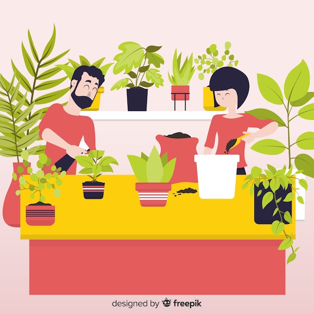 Vector gratuito pareja cuidando plantas