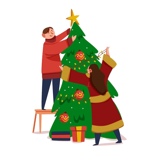 Pareja decorando el árbol de navidad