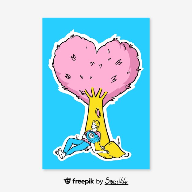 Pareja dibujada a mano detrás de la ilustración del árbol del corazón