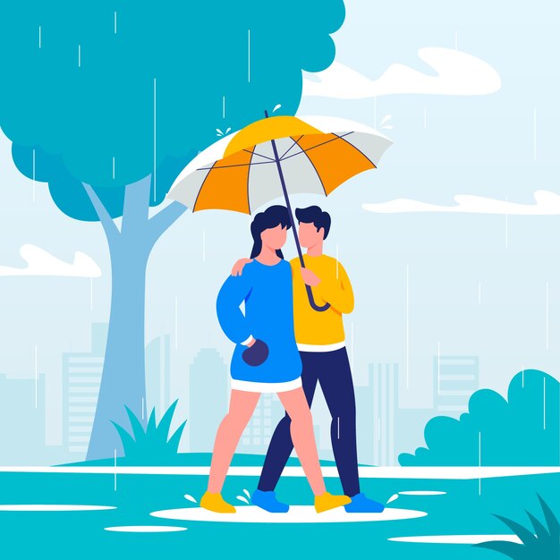 Pareja de diseño plano con paraguas temporada del monzón